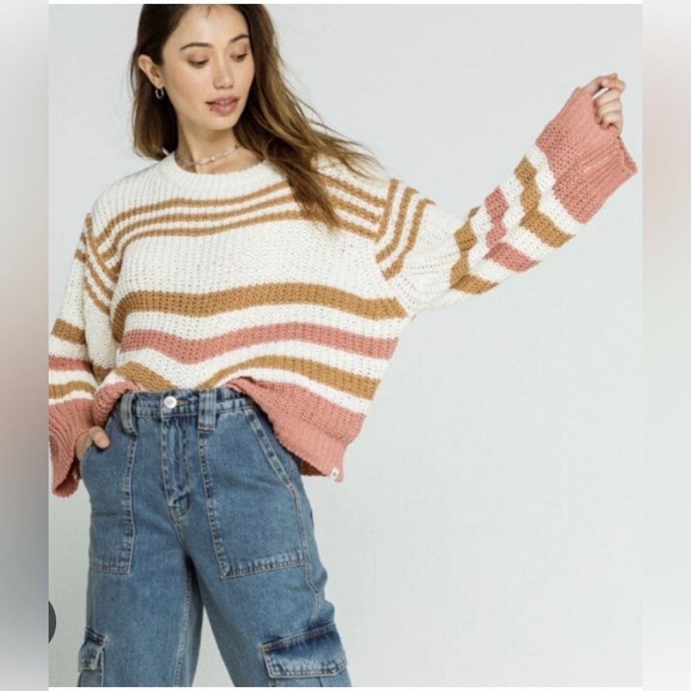 Rip Curl GSWBZ8 Womens Striped Knit Sweater Cream Pink Tan Small